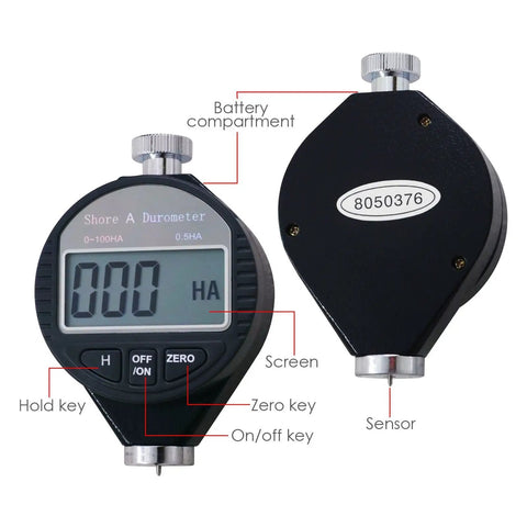 Pocket Size Shore A Hardness Meter Durometer 0-100HA Digital Tester With Large LCD Display For Rubber Leather Resin Fiber Glass Wax And More Ideal For QC And Material Testing. Front and back view