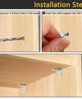 Installation steps for Heavy Duty 5Mm L Shaped Shelf Pegs With Holes Smooth Nickel Cabinet Holders for cabinets and closets.