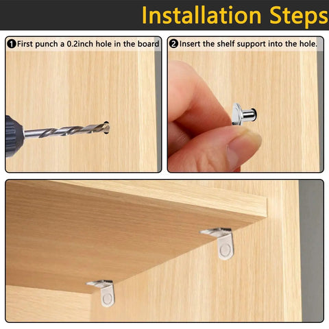 Installation steps for Heavy Duty 5Mm L Shaped Shelf Pegs With Holes Smooth Nickel Cabinet Holders for cabinets and closets.