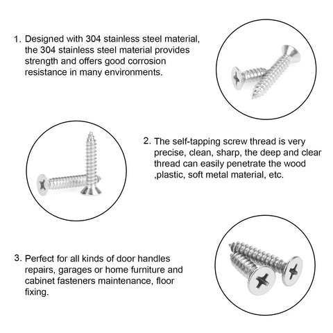 Sixty Piece Size Twelve Stainless Steel Wood Screw Assortment Kit With Countersunk Phillips Heads And Self Tapping Design showing individual screws.