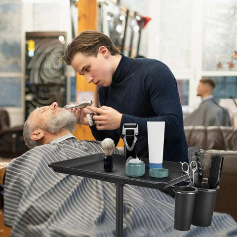 Heavy Duty Salon Tray Cart With Adjustable Height Rolling Tray Metal Tattoo Tray With Tool Holder And Storage Trolley in use at barber shop