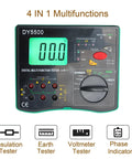Front view of 4 In 1 Digital Multimeter With Ground Earth Resistance Tester, Insulation Resistance Tester, Phase Sequence Detector And Voltmeter, 0.01 Ohm Resolution, 600V AC DC Range, Auto Ranging, Pro Grade Electrical Testing Tool with display screen and dial.