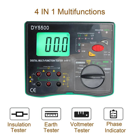 Front view of 4 In 1 Digital Multimeter With Ground Earth Resistance Tester, Insulation Resistance Tester, Phase Sequence Detector And Voltmeter, 0.01 Ohm Resolution, 600V AC DC Range, Auto Ranging, Pro Grade Electrical Testing Tool with display screen and dial.