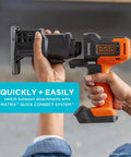 Hands holding Matrix Jig Saw Attachment for Cordless Drill With Tool Free Blade Change showing quick connect system
