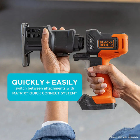 Hands holding Matrix Jig Saw Attachment for Cordless Drill With Tool Free Blade Change showing quick connect system