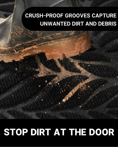 All Season Front Door Mat Outdoor Indoor 29.5x17 Waterproof Doormat Non Slip Entrance Rug with dirt caught by grooves.