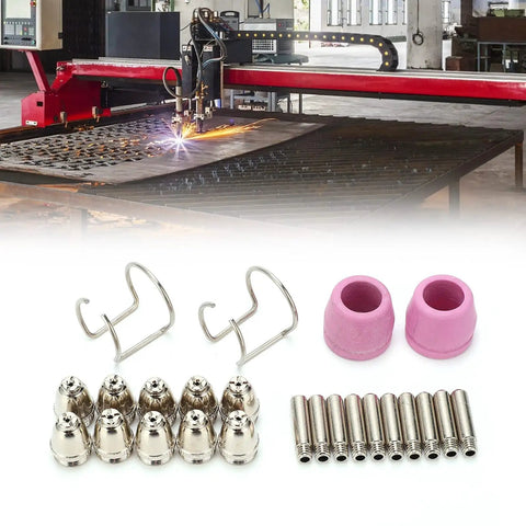 Top Shred Plasma Cutting Torch Consumables 24 Pack Copper Electrodes Contact Tips and Ceramics, 10 copper tips and two ceramic nozzles set.