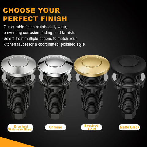 Universal Garbage Disposal Air Switch Kit With Sink Top Push Button No-Brainer Upgrade, UL Certified, four finishes displayed