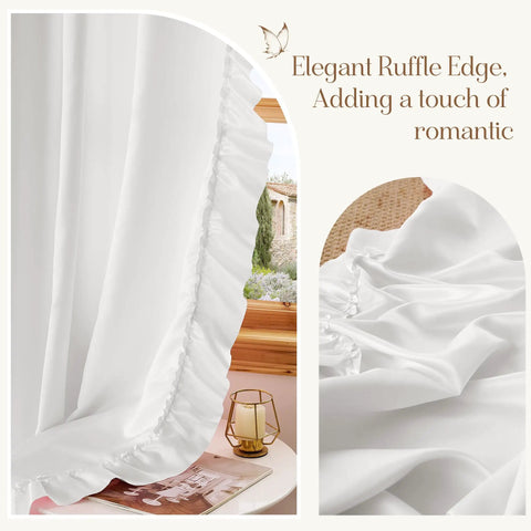 Romantic White Ruffled Curtains With Privacy Light Filtering, Faux Silk Drapes, Two Panels, W50 X L95, Close-up View