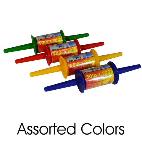 Long Reach 500 Foot Kite Line Spool With 50 Lb Twisted Polyester, Blue Red Yellow Green, Displayed in a Row, Close-Up