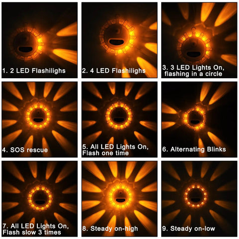USB C Rechargeable LED Road Flares Kit With Magnetic Base showing 9 lighting modes and patterns for emergency signals