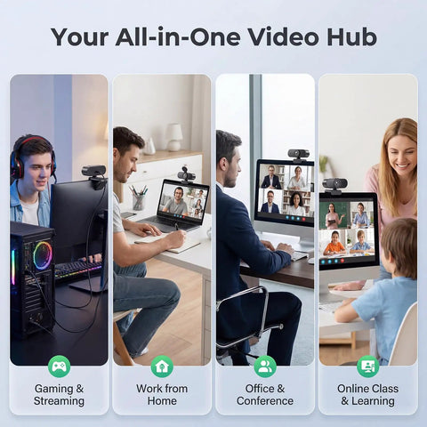 Next Level 4K Webcam With Hella Crisp 30FPS Video And Rock Solid PDAF Autofocus For Live Streamers Gamers And Vloggers showing diverse setups.