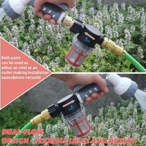 Garden Hose Filter With Quick Connect No Fuss Install Three Quarters Inch GHT Thread Sediment Trap for irrigation systems.