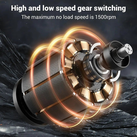 Heavy Duty Brushless Cordless Drill Delivering A Solid 1500 RPM And Kickass 45 Nm Torque Featuring Twenty Five Adjustable Settings US Plug gear motor displaying high and low speed gear switching.