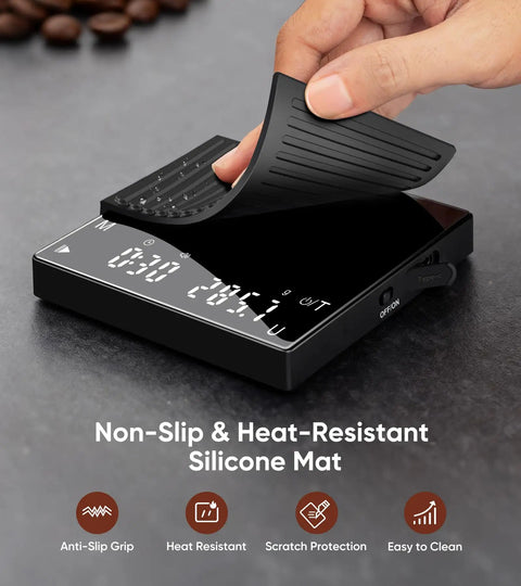Rechargeable Coffee Scale With Timer, Mini 2kg Capacity, 0.1g Precision For Espresso And Pour Over Brews, silicone mat being lifted
