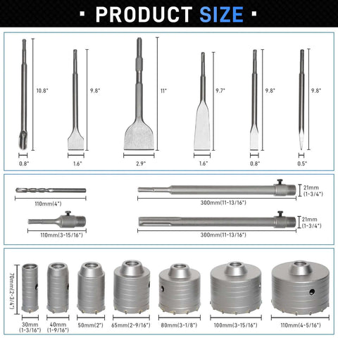 ATOLS 34-piece concrete hole saw kit: SDS/Max shanks, masonry bits, chisels, wall hole saws, sizes 30–110 mm