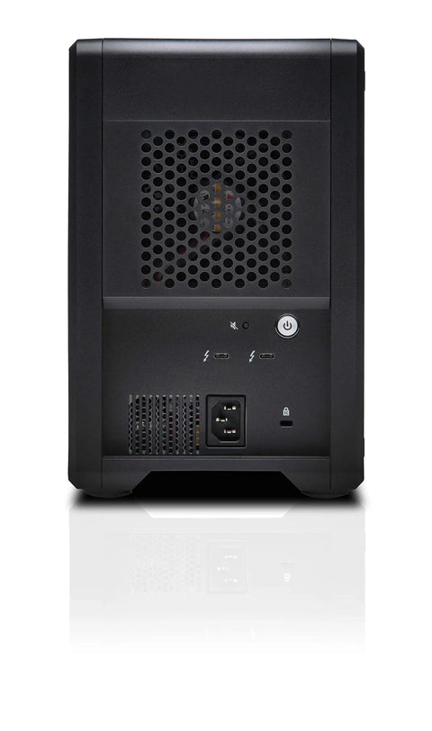Back view of Heavy Duty 72TB Thunderbolt 3 Raid Drive Array showing ports and vents, designed for 4K and 8K editing.