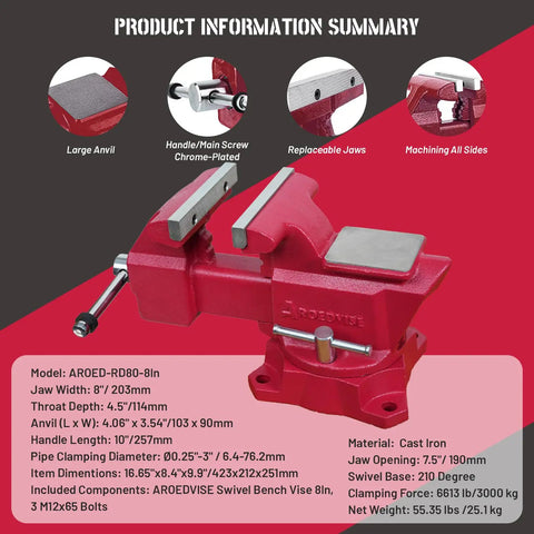 8 Inch Bench Vise Heavy Duty With 7.5 Inch Jaw Opening And 210 Degree Swivel Base 4.5 Inch Throat Depth Multi Jaw Design For Flat And Round Material Great For Large Projects Pipes And Bulky Workpieces, cast iron, red, with anvil and chrome handle