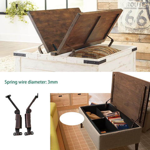 Two Piece Antique Bronze Spring Loaded Cover Plate Hinge With Screws For Tables Toy Boxes And Furniture Cabinets, installed on wooden lid with open storage.