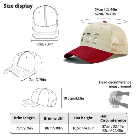 Funny Spare Time RV Camper Trucker Hat size guide with design and dimensions, Rice White and Wine Red cap for travel.