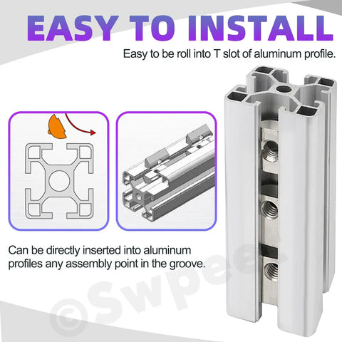 Must Have 3030 Series Roll In Spring T Nuts Kit installation example with aluminum extrusion rail and highlighted T slot configuration.