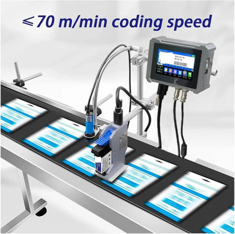 Smooth Operator Inline Industrial Inkjet Printer With Smart Touch Panel applying date codes on packaging at coding speed 70 m/min