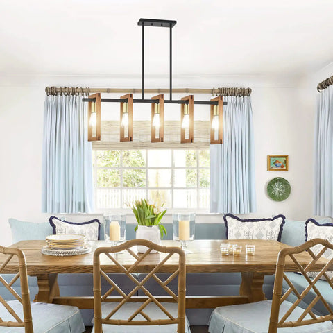 Farmhouse Gold Solid Wood Five Light Chandelier With Black Metal Frame For Kitchen Island Vibe Entryway Dining Room And Bedroom Lighting Rustic Modern Style Easy Hardwired Ceiling Mount LED Ready With E26 Bulbs in a dining room setting