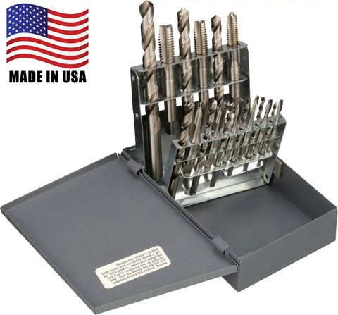 Heavy Duty Pro Grade High Speed Steel Jobber Length Drill Bit And Spiral Point Tap Set With Metal Case Uncoated Bright Finish 18 Piece