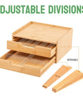 No-Fuss All-In-One Bamboo Drawer Organizer For Keurig K Cup Pods And Tea Bags With Adjustable Dividers in open position, showing compartments.