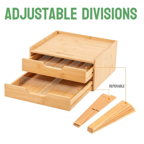 No-Fuss All-In-One Bamboo Drawer Organizer For Keurig K Cup Pods And Tea Bags With Adjustable Dividers in open position, showing compartments.