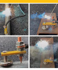 2 Pack Magnetic Ground Clamp For Welders With Copper Tail in use during arc welding, close-up of sparks and grounding clip.