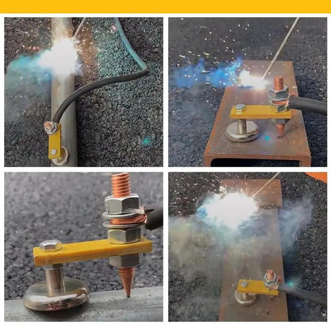 2 Pack Magnetic Ground Clamp For Welders With Copper Tail in use during arc welding, close-up of sparks and grounding clip.
