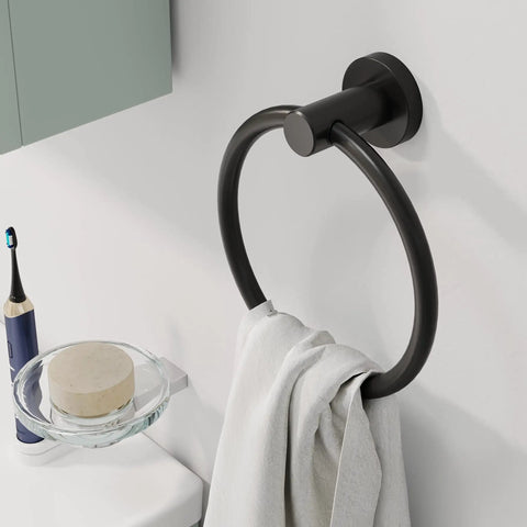 Matte Black Towel Ring And Hand Towel Holder For Bathroom And Kitchen, Modern Rounded Base Wall Mount In SUS304 Stainless Steel