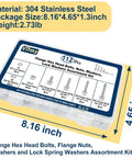 3/8-16 Stainless Steel Flange Bolts Kit, 112 Pieces With Washers And Serrated Flange Nuts package showing assorted sizes and components.