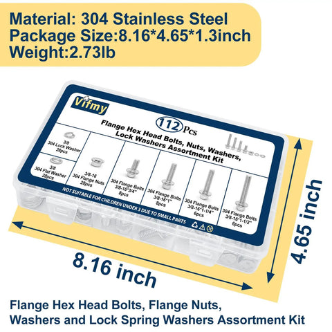 3/8-16 Stainless Steel Flange Bolts Kit, 112 Pieces With Washers And Serrated Flange Nuts package showing assorted sizes and components.