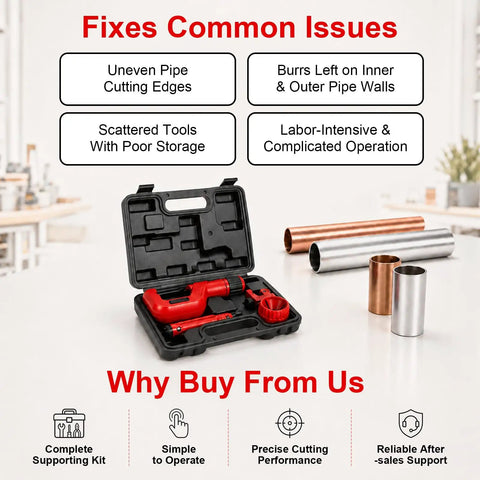 Heavy Duty 4 Piece Pipe And Tubing Cutter Set With Deburring Tool And Reamer For Pros Includes Internal And External Reamer Mini Tube Cutter And Full Deburring Kit For Fast Clean Cuts On Copper Steel And Plastic Piping in open case with pipes.