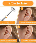 Usage guide for No-Fuss All In One Piercing Ball Grabber Tool Kit With 8 Tapers 14G 16G 18G 20G, showing earring insertion steps.