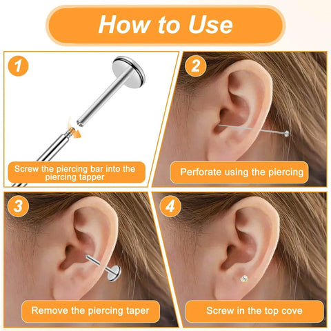 Usage guide for No-Fuss All In One Piercing Ball Grabber Tool Kit With 8 Tapers 14G 16G 18G 20G, showing earring insertion steps.