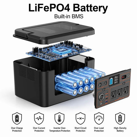 LiFePO4 battery component view showing built-in BMS and protective features for Kick Back With This 650W Portable Power Station, 576Wh.