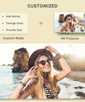 Woman on beach with hat and sunglasses, customized HD picture options shown, add words or change color feature highlighted.