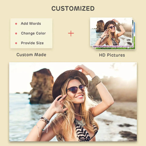 Woman on beach with hat and sunglasses, customized HD picture options shown, add words or change color feature highlighted.
