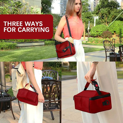 Compact 110V Portable Food Warmer No Microwave Lines Mini Electric Heated Lunch Box in red, shown in three different carrying styles.