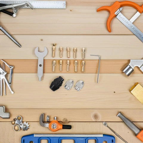 Miniature Drill Chuck Collet Set With Ten Copper Core Collets And Two Wrenches for Precision Grinding Machines and Rotary Tools displayed with tools