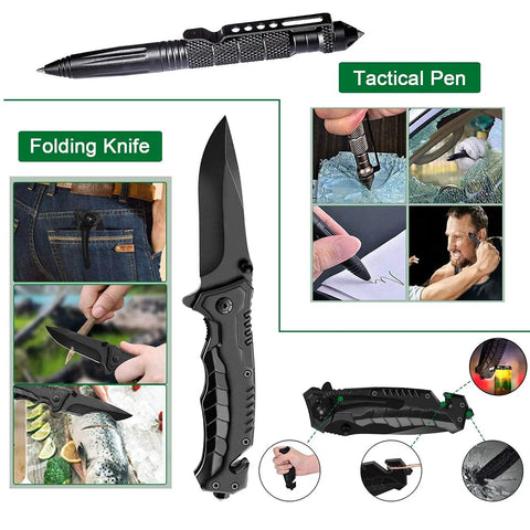 35 In 1 Survival Kit With First Aid Essentials For Camping And Outdoors featuring folding knife and tactical pen