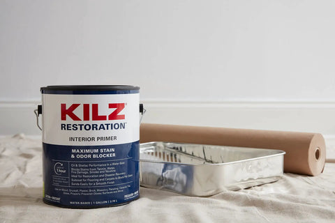 Restoration Primer Interior Sealer And Stainblocker, Water Based, 1 Gallon can with paint tray and paper roll on canvas