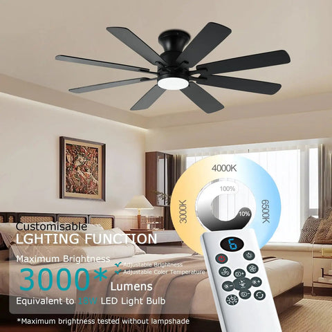 52 Inch Flush Mount Ceiling Fan With Light Easy Remote Or App Control Eight Blades Noiseless DC Motor Black Finish