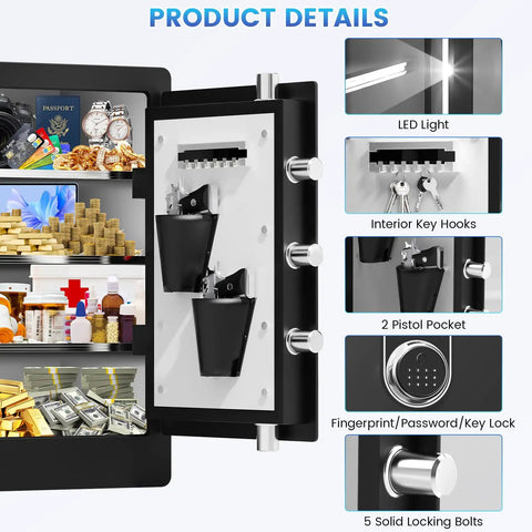 Biometric Safe Box 23.6 Inch Tall Home Safe With Water And Fireproof Design open with shelves and key hooks visible