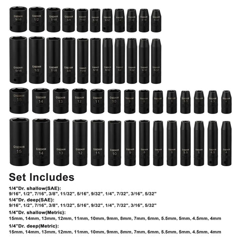 1/4 Inch Drive Master Impact Socket Set, 50-Piece, 6-Point SAE and Metric, arranged showing sizes and details