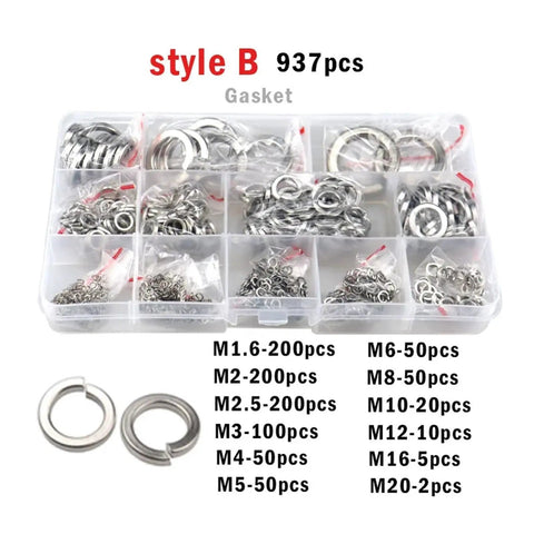304 Stainless Steel Spring Lock Washer Kit With Elastic Gasket Set M1.6 Through M20 937 Pieces Heavy Duty Built To Last Corrosion Resistant Hardware Fasteners Box For Mechanical Bike Auto And DIY Projects, organized storage box with assorted washers