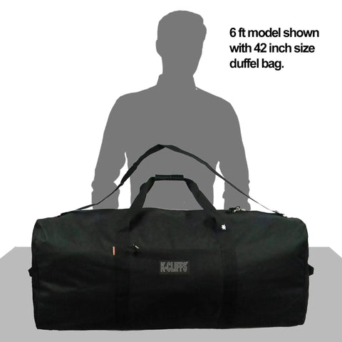Silhouette holding Heavy Duty 110L 30 Inch Duffel Bag For Cargo Gear Made From Water Resistant Polyester With End Handles